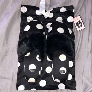 Victoria’s Secret Polka Dot Satin Slippers with Faux Fur